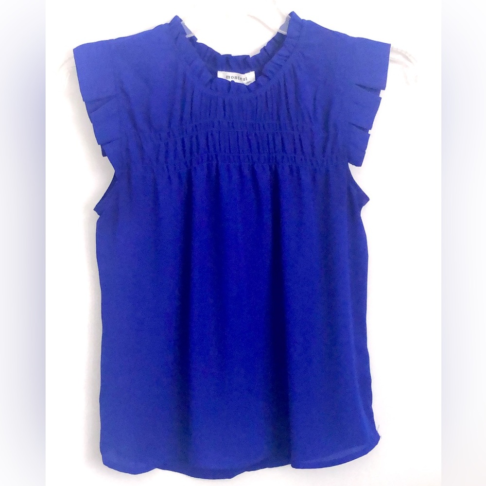 Monteau cobalt blue smocked neck ruffle sleeve blouse
